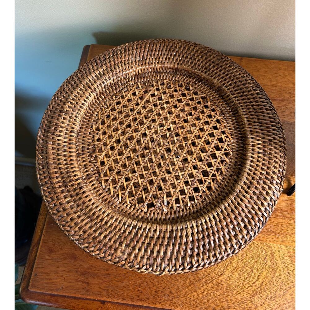 Set of 4 Vintage Rattan Chargers | Woven Natural Fiber Table Decor